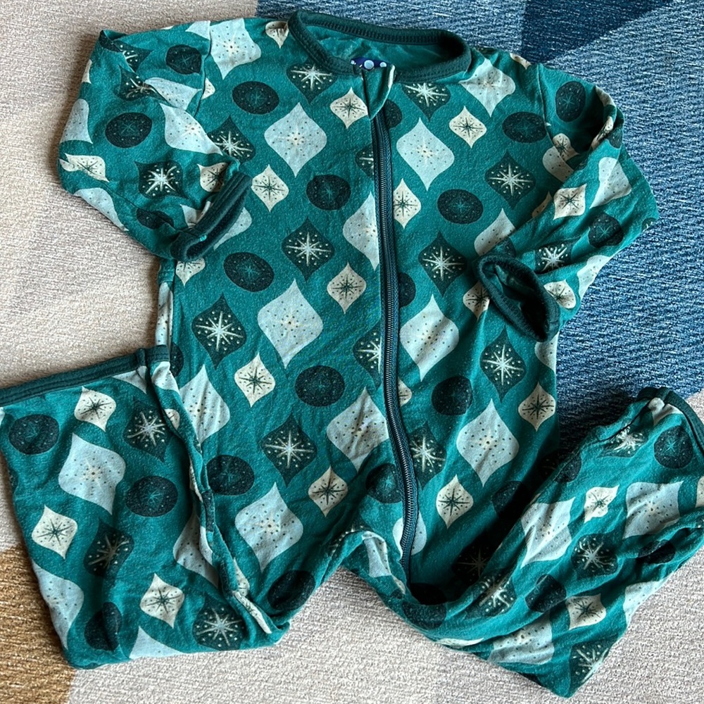 Kickee Pants 6-9 month Coverall Zip-Up Christmas Ornaments Green Print